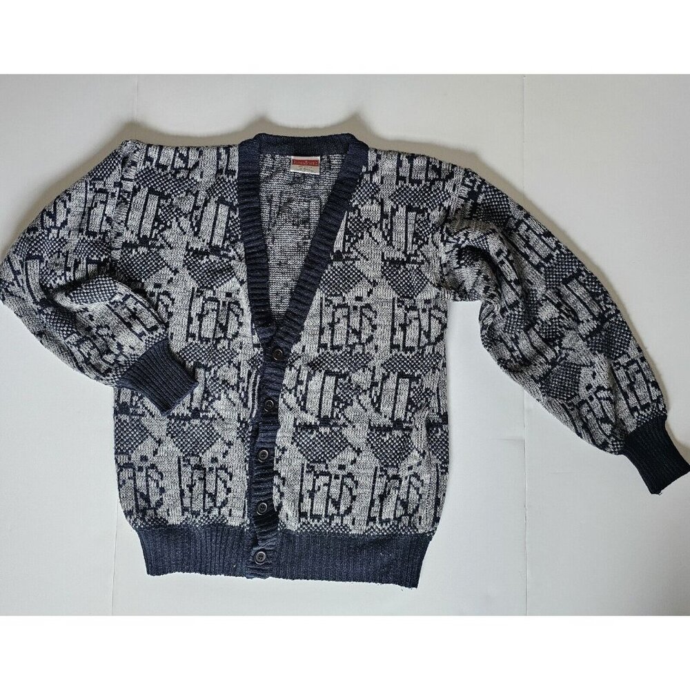 Vintage Bonjour Sweater Mens L Cardigan Black Button Acrylic Geometric Grandpa